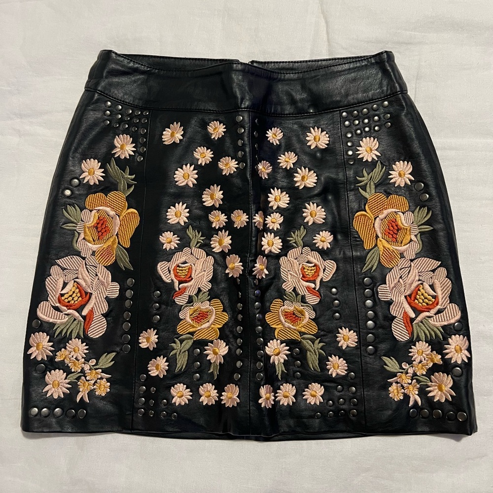 Free People Embroidered Leather Skirt